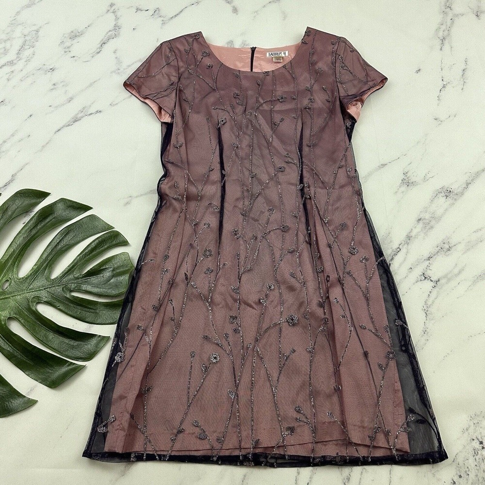 Taurus II Womens Vintage Y2k Mini Dress Size 10 Pink Purple Mesh Overlay Glitter
